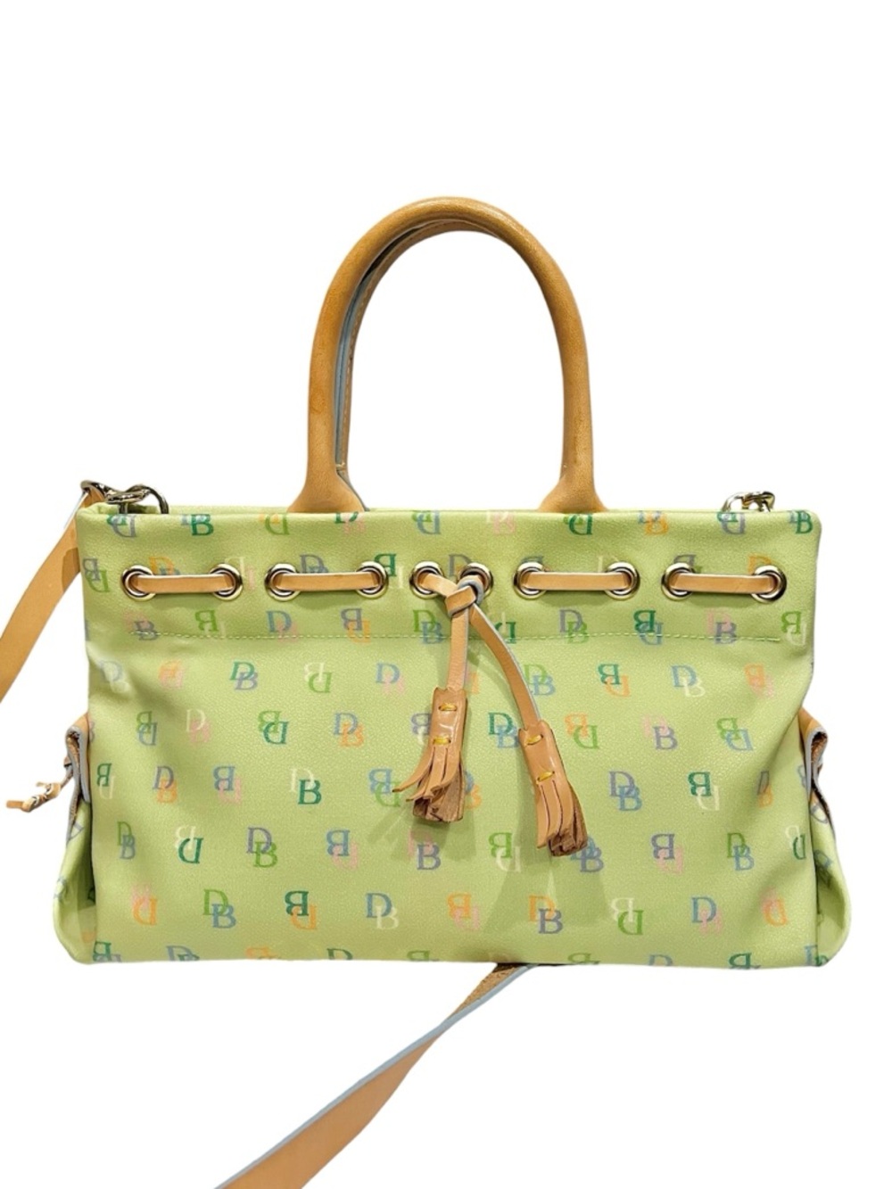 RARE DOONEY & BOURKE VINTAGE Y2K GREEN MULTICOLOR RAINBOW MONOGRAM TASSEL TOTE - Picture 2 of 13